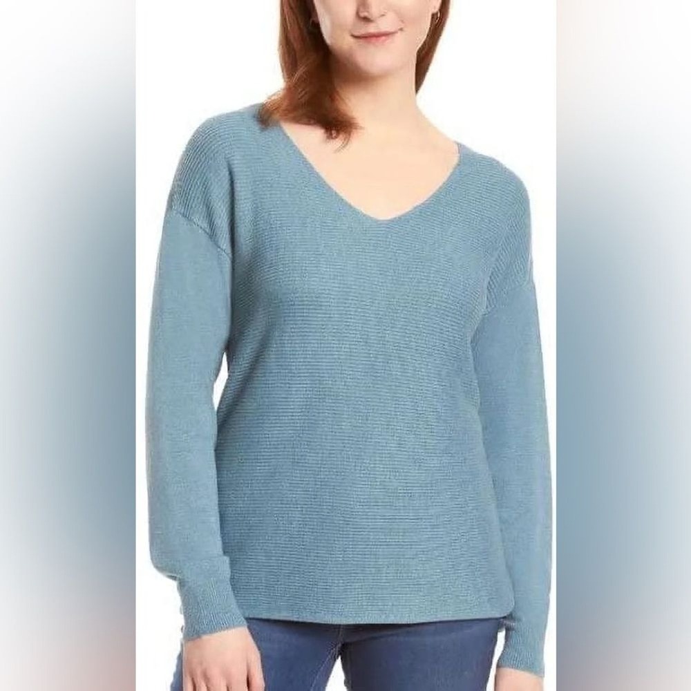 Ella Moss Womens Blue V Neck Long Sleeve‎ Knit Pullover Sweater Top